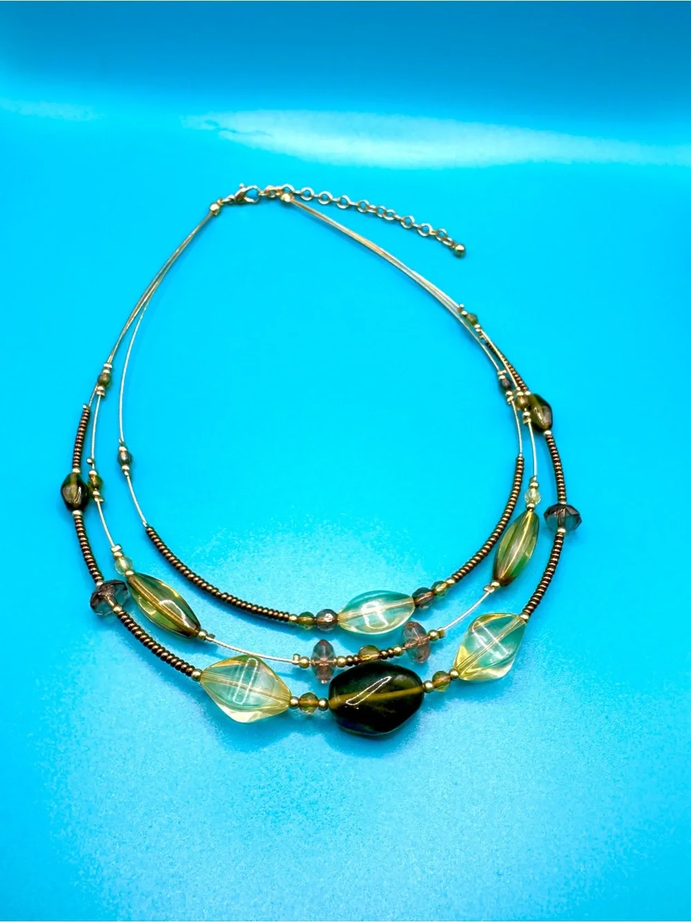 NWOT 3-Strand Beaded Illusion Olive Green and Amber Beaded Necklace